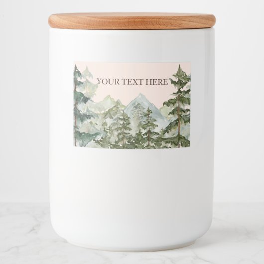 Waterverf dennenbos en berg rustiek voedselcontainer etiket (Voorkant)