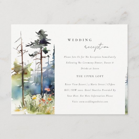 Waterverf dennenbos landschap bruiloft receptie informatiekaartje (Voorkant)