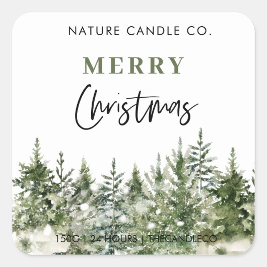 Waterverf dennenbos vrolijke kerstkaars vierkante sticker (Voorkant)