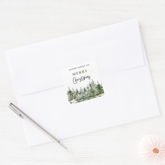 Waterverf dennenbos vrolijke kerstkaars vierkante sticker (Envelop)