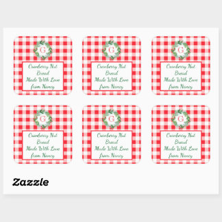Waterverf Dennengroen Krans MONOGRAM Rood Geruit G Vierkante Sticker