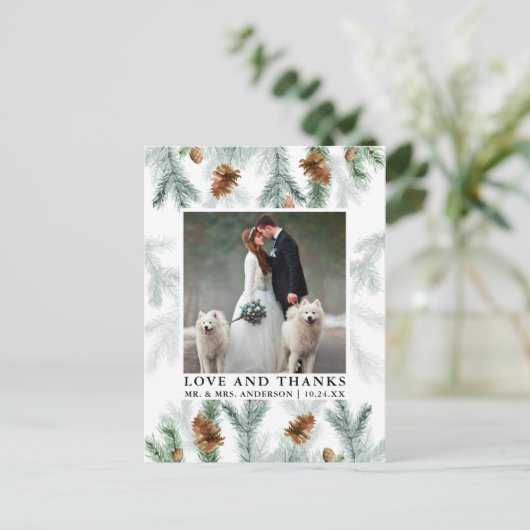 Waterverf Dennenkegels Liefde Dank Huwelijksfoto Briefkaart (Staand voorkant)