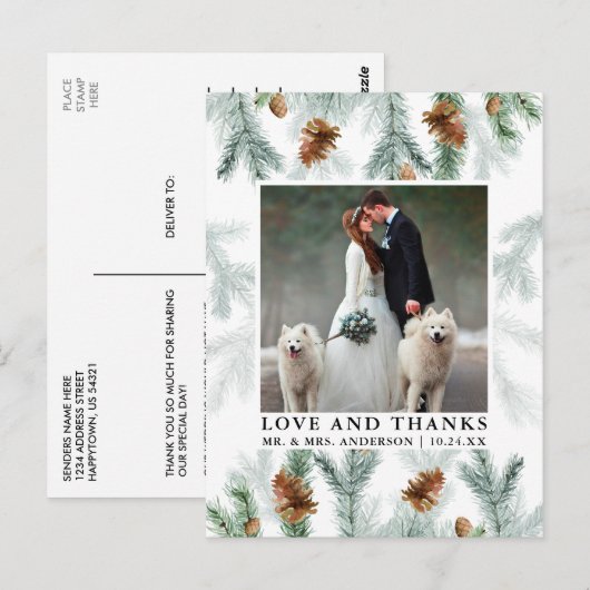 Waterverf Dennenkegels Liefde Dank Huwelijksfoto Briefkaart (Voorkant / Achterkant)