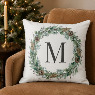 Waterverf Dennenkrans Dennenkegel Monogram Winter Kussen