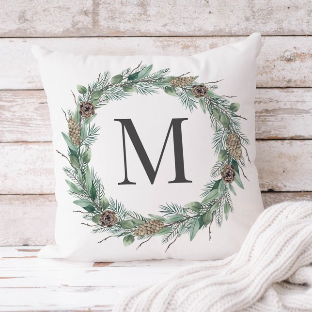 Waterverf Dennenkrans Dennenkegel Monogram Winter Kussen (Creator heeft geüpload)