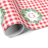 Waterverf Dennenkrans MONOGRAM Rode Check Cadeaupapier (Rol Hoek)