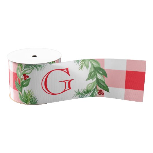 Waterverf Dennenkrans MONOGRAM Rode Check Grosgrain Lint (Spoel)