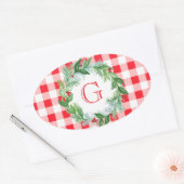 Waterverf Dennenkrans MONOGRAM Rode Check Ovale Sticker (Envelop)