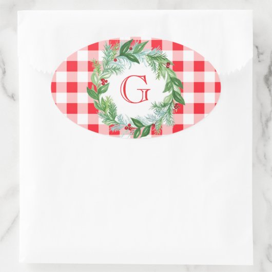Waterverf Dennenkrans MONOGRAM Rode Check Ovale Sticker (Tas)