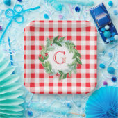 Waterverf Dennenkrans MONOGRAM Rode Check Papieren Bordje (Feest)