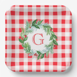 Waterverf Dennenkrans MONOGRAM Rode Check Papieren Bordje