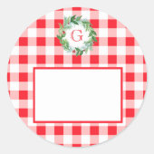 Waterverf Dennenkrans MONOGRAM Rode Check Ronde Sticker (Voorkant)
