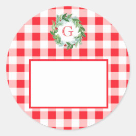 Waterverf Dennenkrans MONOGRAM Rode Check Ronde Sticker
