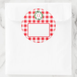 Waterverf Dennenkrans MONOGRAM Rode Check  Ronde Sticker