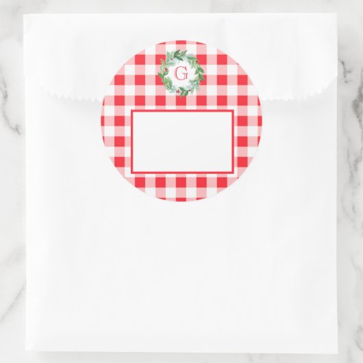 Waterverf Dennenkrans MONOGRAM Rode Check Ronde Sticker (Tas)