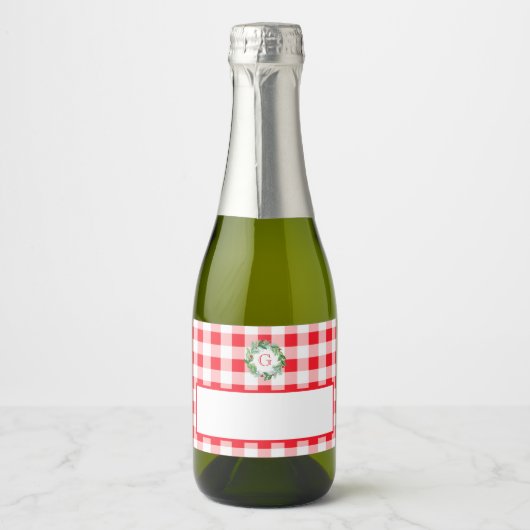 Waterverf Dennenkrans MONOGRAM Rode Check Sparkling Wijnetiket (Voorkant)