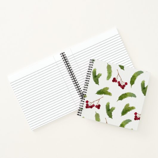 Waterverf dennentakken en rode bessen patroon notitieboek (Binnen)