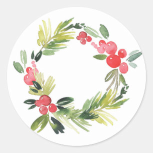 Waterverf Dennnen en Hulst Krans Botanische Feestd Ronde Sticker