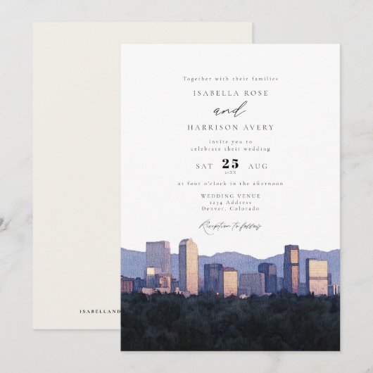 Waterverf Denver Colorado City Skyline Wedding Kaart (Voorkant / Achterkant)