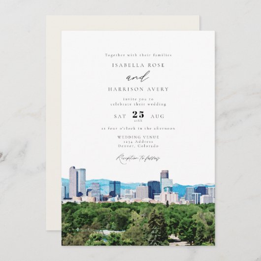 Waterverf Denver Colorado Skyline Wedding Kaart (Voorkant / Achterkant)