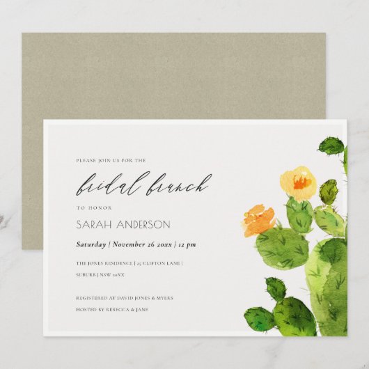 WATERVERF DESERT CACTUS FLORAL BRIDAL BRUNCH KAART (Voorkant / Achterkant)