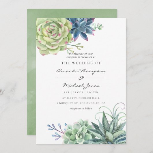 Waterverf Desert Cactus Succulents Wedding Invite Kaart (Voorkant / Achterkant)