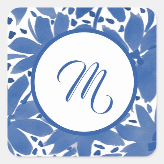 Waterverf Design Monogrammed Blue Floral Vierkante Sticker (Voorkant)