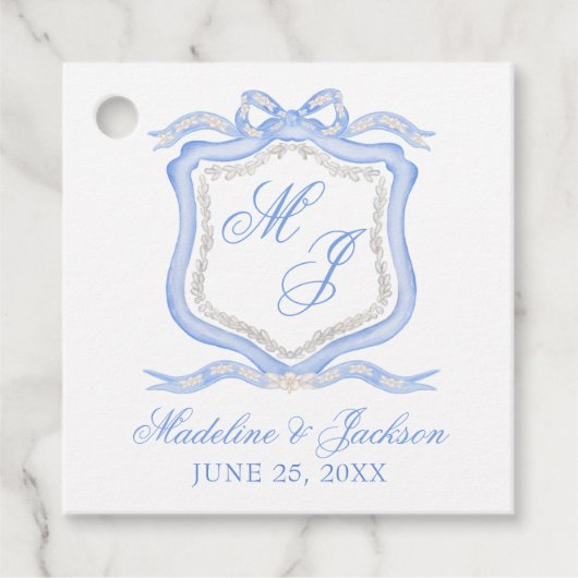 Waterverf Designer Blauw Monogram Crest Bedankjes Labels (Voorkant)