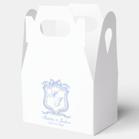 Waterverf Designer Blauw Monogram Crest Bruiloft Bedankdoosjes (Geopend)