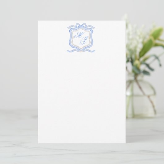 Waterverf Designer Blauw Monogram Crest Bruiloft Bedankkaart (Staand voorkant)
