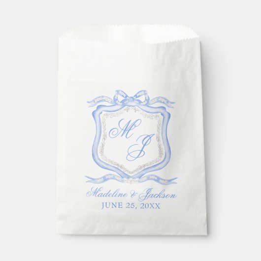 Waterverf Designer Blauw Monogram Crest Bruiloft Bedankzakje (Voorkant)