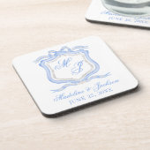 Waterverf Designer Blauw Monogram Crest Bruiloft Bier Onderzetter (Linkerzijde)