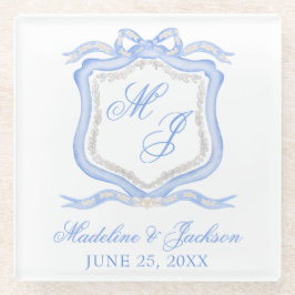 Waterverf Designer Blauw Monogram Crest Bruiloft Glazen Onderzetter