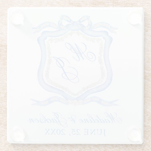 Waterverf Designer Blauw Monogram Crest Bruiloft Glazen Onderzetter (Achterkant)