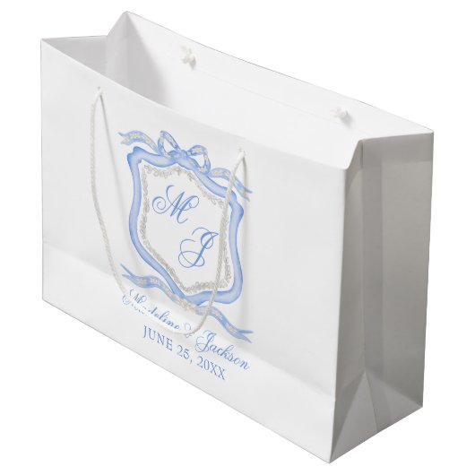 Waterverf Designer Blauw Monogram Crest Bruiloft Groot Cadeauzakje (Voorkant Gekanteld)