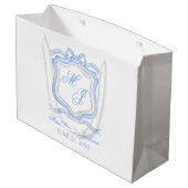 Waterverf Designer Blauw Monogram Crest Bruiloft Groot Cadeauzakje (Achterkant Gekanteld)