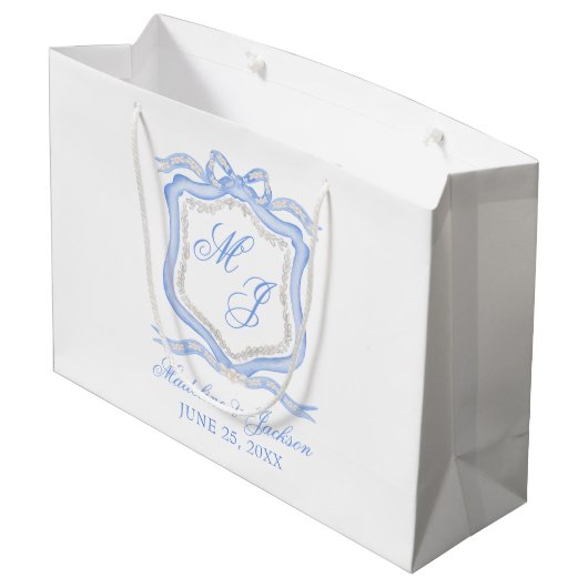 Waterverf Designer Blauw Monogram Crest Bruiloft Groot Cadeauzakje (Achterkant Gekanteld)