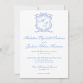 Waterverf Designer Blauw Monogram Crest Bruiloft Kaart (Voorkant)