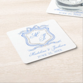 Waterverf Designer Blauw Monogram Crest Bruiloft Kartonnen Onderzetters