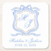 Waterverf Designer Blauw Monogram Crest Bruiloft Kartonnen Onderzetters (Voorkant)