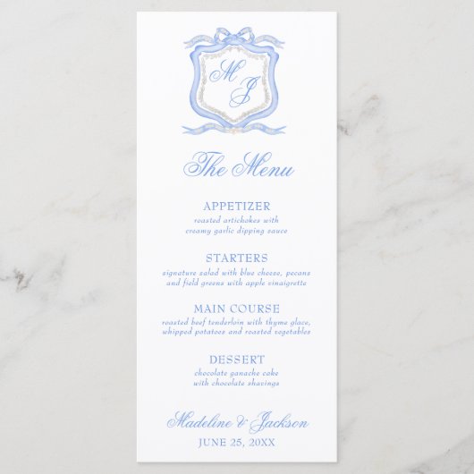 Waterverf Designer Blauw Monogram Crest Bruiloft Menu (Voorkant)