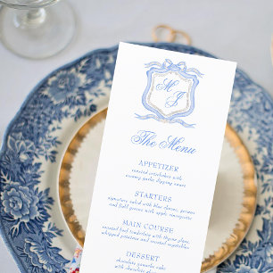 Waterverf Designer Blauw Monogram Crest Bruiloft Menu