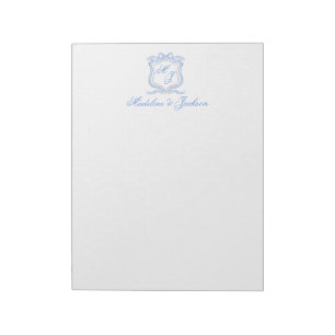 Waterverf Designer Blauw Monogram Crest Bruiloft Notitieblok