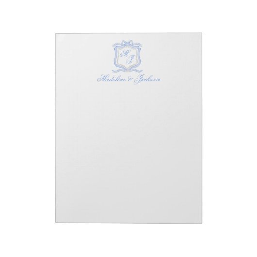 Waterverf Designer Blauw Monogram Crest Bruiloft Notitieblok (Linkerzijde)