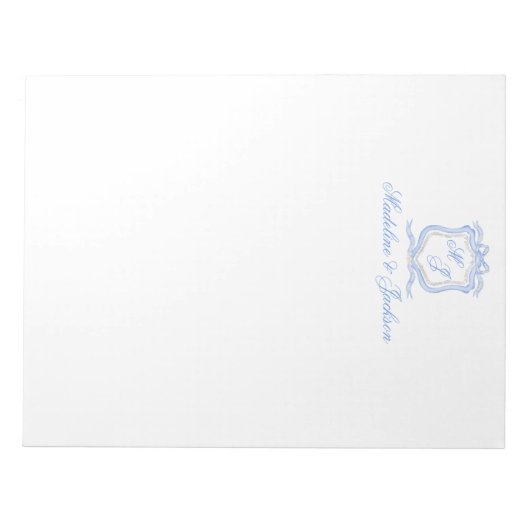 Waterverf Designer Blauw Monogram Crest Bruiloft Notitieblok (Voorkant)