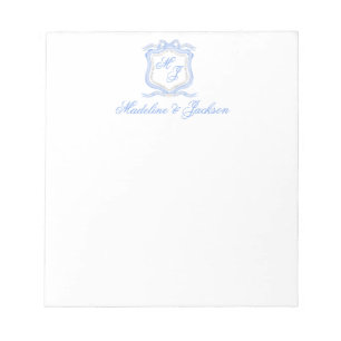 Waterverf Designer Blauw Monogram Crest Bruiloft Notitieblok