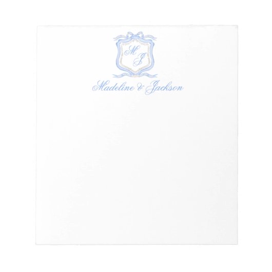 Waterverf Designer Blauw Monogram Crest Bruiloft Notitieblok (Voorkant)