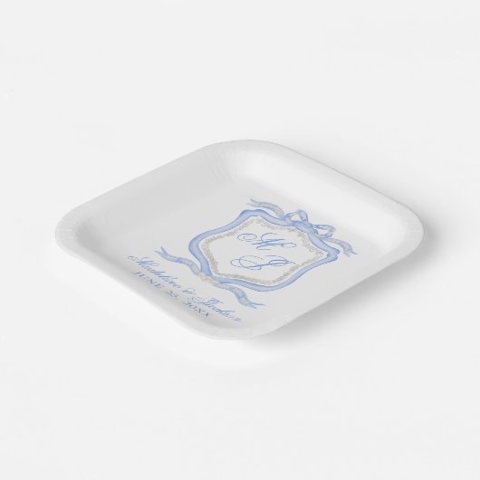 Waterverf Designer Blauw Monogram Crest Bruiloft Papieren Bordje (Gebogen)