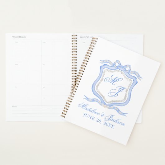 Waterverf Designer Blauw Monogram Crest Bruiloft Planner (Display)