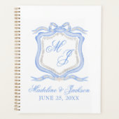 Waterverf Designer Blauw Monogram Crest Bruiloft Planner (Voorkant)
